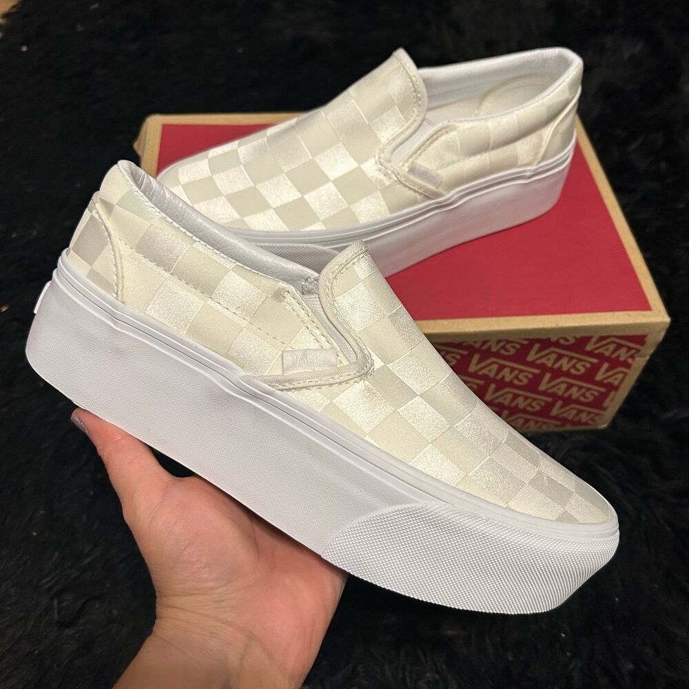 VANS checkerboard cream satin platform slip on shoes sneakers women's 7 new - Picture 7 of 7